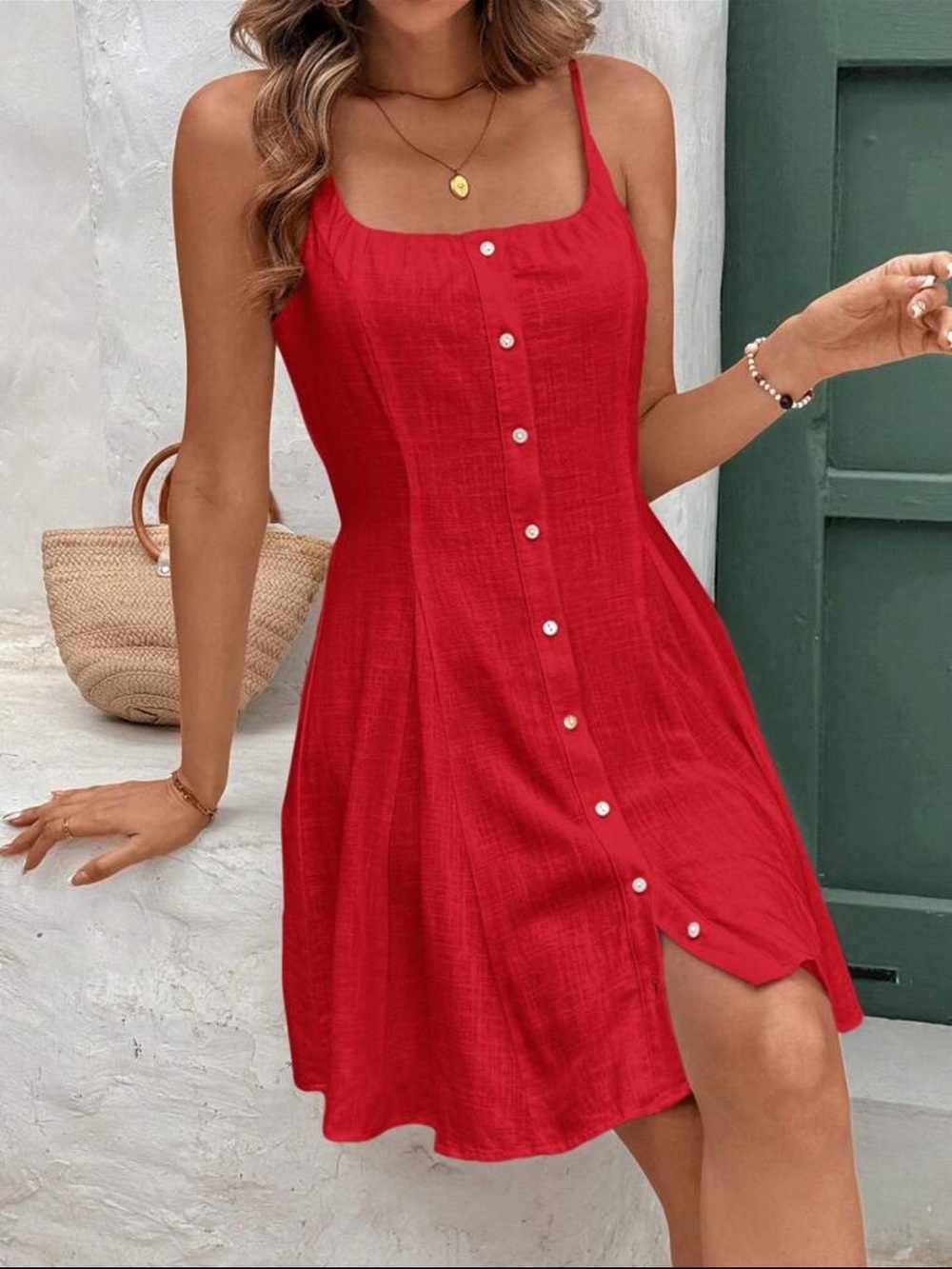 Red Button-Front Summer Sundress